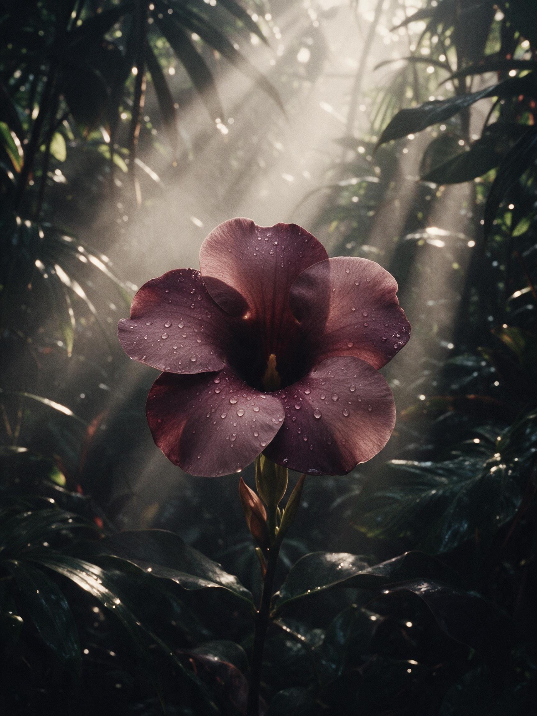 Una flor tropical de tonos berenjena bajo la luz que atraviesa la selva