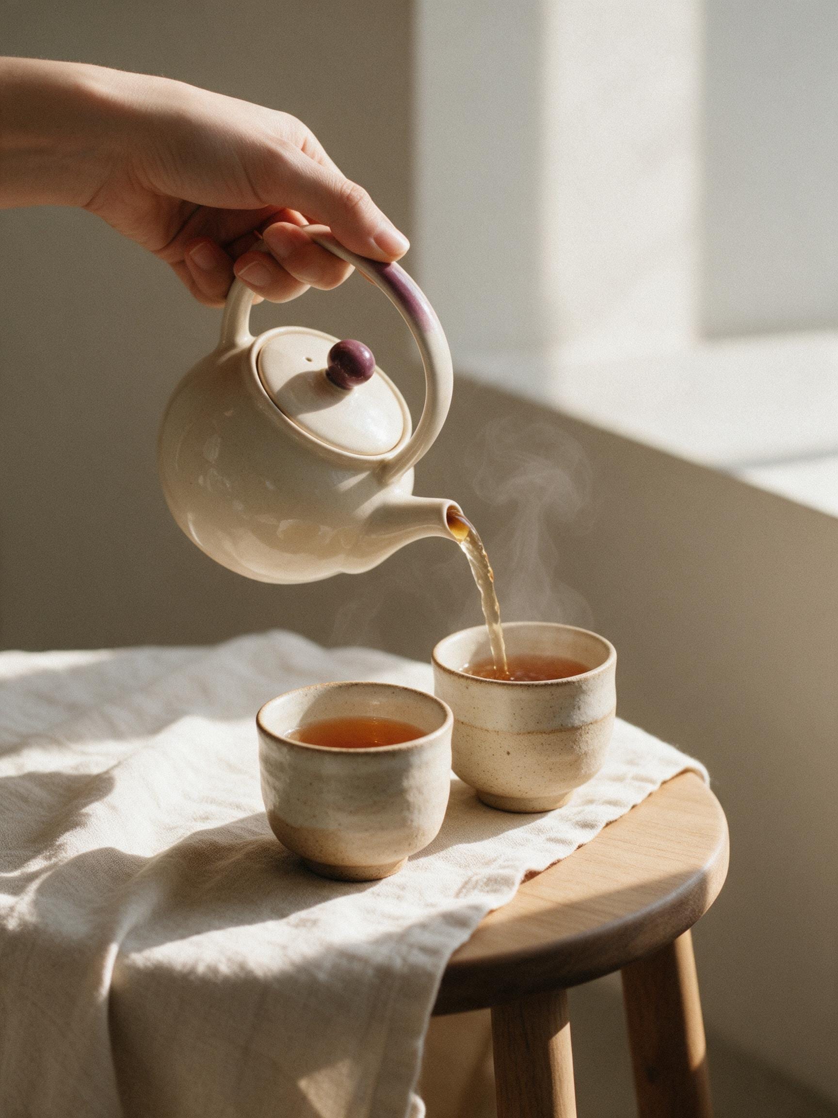 Té recién servido en dos tazas de cerámica bajo la luz de la tarde